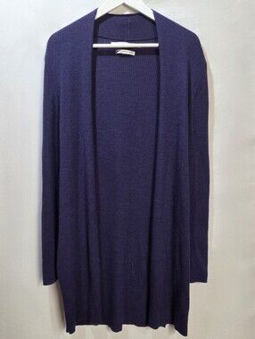 Max Studio Extra Fine Merino Wool Duster Cardigan Purple Ribbed Knit Sz Med